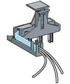 Gray busbar trunking connector with power cables, partially open structure and straightforward design.