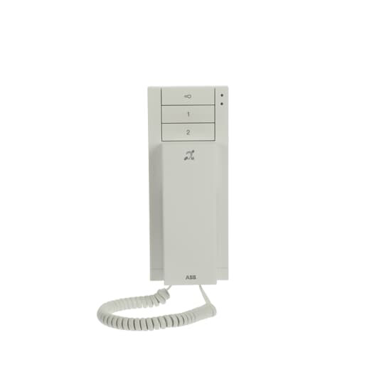A white wall-mounted ABB audio indoor unit with three buttons and a handset with a coiled cable.