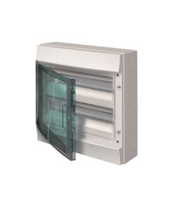 Gray electrical distribution cabinet with a transparent dark green door, two rows for modules.