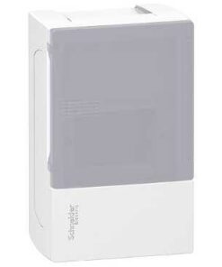 Schneider Electric Mini Pragma electrical distribution board with a smoky glass cover, 4 modules. White Schneider Electric electrical distribution board with a smoky cover plate, vertical orientation.