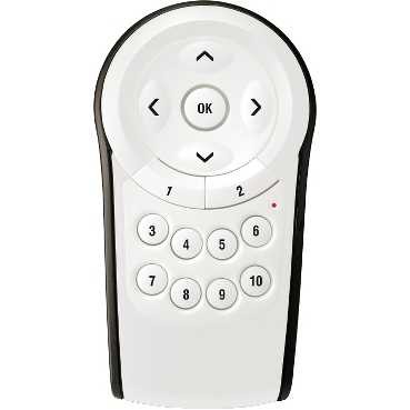 A white and black remote control with number keys and an OK button in the center.