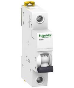 Schneider Electric Acti9 IK60N circuit breaker, single-pole, white casing, black lever, side profile.
