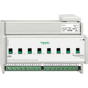 Schneider Electric KNX switch K8X230/16 - versatile switching solution. Schneider Electric KNX switch, white, multiple green buttons and connection ports, front view.