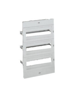 Schneider Electric four-row mounting frame for DIN devices A metallic mounting frame with four stacked rows and module slots for DIN rails.