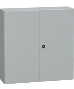 Schneider Electric gray metallic wall cabinet 1000x1000x300 mm Light gray metallic wall cabinet with two doors and a black lock in the center.