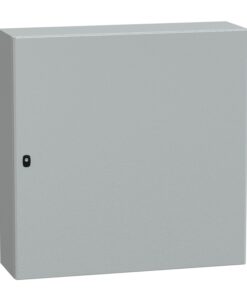 Gray metallic wall cabinet with a smooth surface and a small handle on the right.