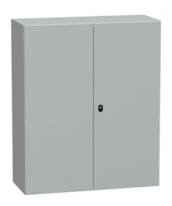 Schneider Electric Spacial S3D wall cabinet, metallic, 1200x1000x400 Light grey, metallic wall cabinet with two doors and a sleek smooth surface. Straight front view.
