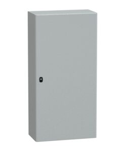 Gray metallic wall cabinet, rectangular shape, single door, black handle in the middle on the right.