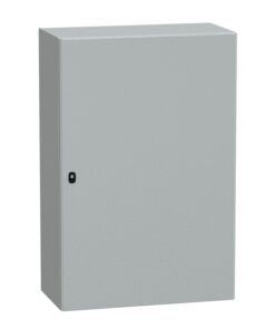 Schneider Electric wall cabinet 1200x800x400 with metallic surface A light gray metallic wall cabinet with a smooth front panel and a small black lock on the right edge.