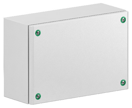 Schneider Electric terminal box 300x600x120 - For communication networks Light gray rectangular terminal box with a metal frame and four green screw fastenings, front view.