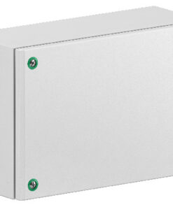White rectangular terminal block enclosure, four green screws on the front, flat metal surface.
