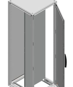 Schneider Electric row cabinet with two doors, open interior, with mounting plate Silver-gray Schneider Electric row cabinet, two doors, open, mounting plate visible.