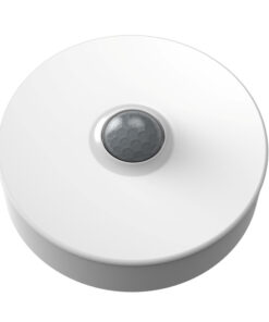 Round white motion sensor with a dark grey sensor area in the middle.