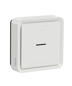 A white, square-shaped smart smoke detector with a smooth surface and engraved text.