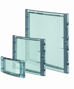 ABB MISTRAL IP65 transparent electrical cabinet doors, 12 modules Three transparent electrical cabinet doors of different sizes, green-tinted glass, and grey borders.