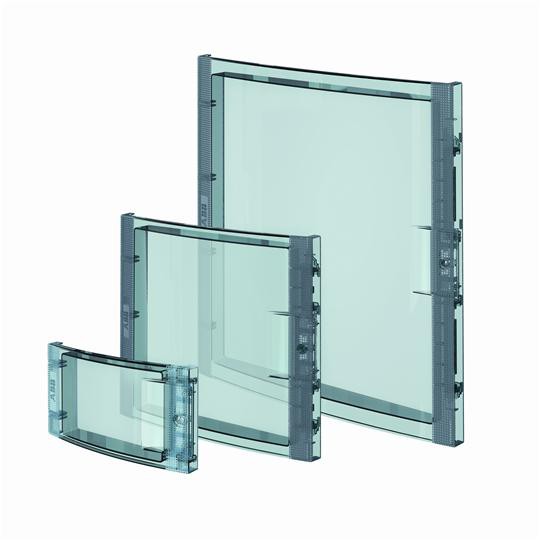 Three transparent electrical cabinet doors of different sizes, green-tinted glass, and grey borders.