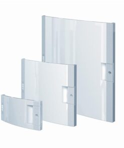 Three white ABB Mistral IP65 distribution boards of different sizes with opaque doors on a white background.
