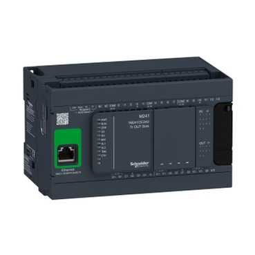 Dark gray Schneider Electric Modicon PLC M241-24IO device, green Ethernet port, connection area on the right.