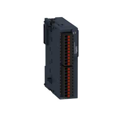 Black rectangular Schneider Electric Modicon TM3 device with orange terminal blocks.