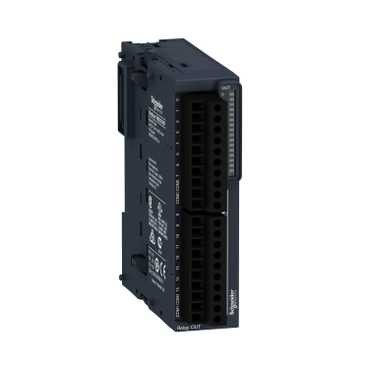 A black Modicon TM3 DO16 relay card with multiple terminal blocks and markings on the front.