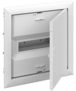 ABB UK612N2 electrical distribution board with an openable door, IP30 protection A white plastic electrical distribution board with an open door and visible rail level.