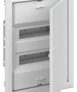 White ABB electrical cabinet with two rows of switches, open door in front view.