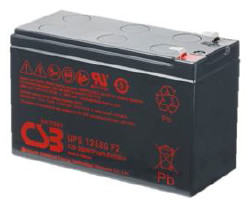 Black rectangular ABB 12V 9.5 AH F2 battery with red markings, connector on top.