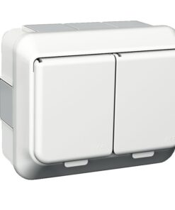 White, double Schneider Electric Exxact surface-mounted socket outlet with screw terminals, rectangular shape.