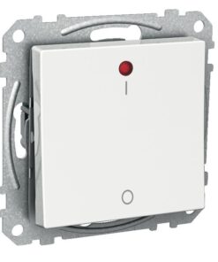 A white two-part switch with a red indicator light and a metallic frame. The switch is designed for installation.