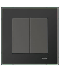 A black two-part electrical switch with a simple and modern design, a black glossy frame, and matte surfaces.