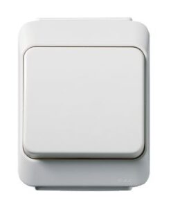 White plastic switch with a simple rectangular design and IP44 protection rating.