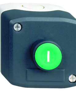 Dark grey square push-button enclosure with a green circular button and label 'I'.