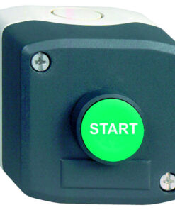 Dark gray button enclosure, green START button in the center, square-shaped plastic housing.