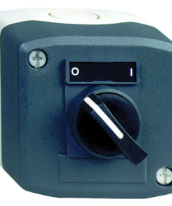 A dark gray and white button enclosure with a switch between positions 0 and I. Rounded edges and metal brackets.