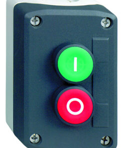 Dark gray push button enclosure with a green I button and a red O button. Four screws in the corners.