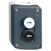 Dark gray button enclosure with two arrow buttons: white pointing right and black pointing left.