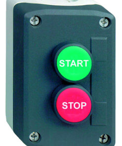 Dark grey button enclosure with a green START button and a red STOP button, four screws at the corners.