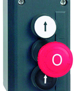 Dark gray button case with three buttons: white upward arrow, red O, and black downward arrow, front view.