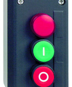 A dark gray button enclosure, red and green buttons labeled I and O, red light on.
