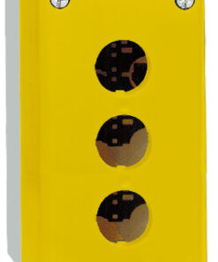 Yellow button enclosure with three round holes, screw mountings in the corners.