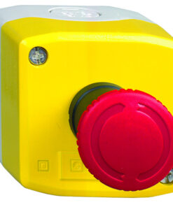 Yellow button enclosure with a red emergency stop button and metal mounting screws, markings on the front of the enclosure.