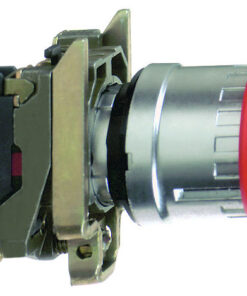 Red emergency stop mushroom push button, metal construction, twist release, side profile.