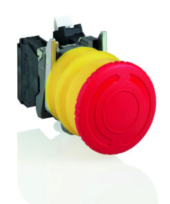 Red mushroom-shaped emergency stop button, yellow base part, metallic frame, viewed from a front angle.