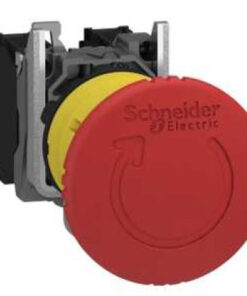 Red round emergency stop button with Schneider Electric logo and yellow background.