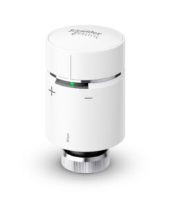 White cylindrical Schneider Electric Wiser radiator thermostat, illuminated from above.