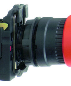 Red mushroom-head emergency stop button, plastic, black casing, side profile.