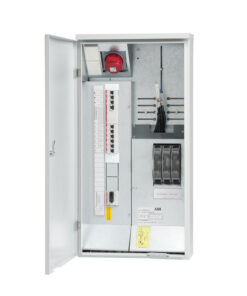 ABB YM8K09UR-L8 uninterruptible power supply, metallic electrical cabinet Powder-coated white metallic electrical cabinet with visible internal components such as fuses and switches, open door at the front...