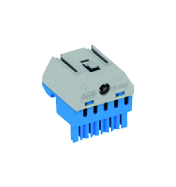 ABB Spring Connector, 5x1.5-4mm2, Compact and Reliable Solution Gray-blue spring connector with five blue connection points and a gray top, close-up.