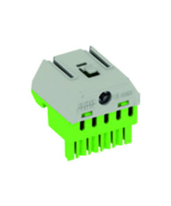 Gray and green spring connector with clearly visible connection surfaces and compact design.