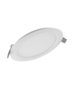 Pyöreä, valkoinen Ledvance LED-paneeli, ohut muotoilu, neutraali 4000K-valo, kuvattu viistosta alaviistoon.